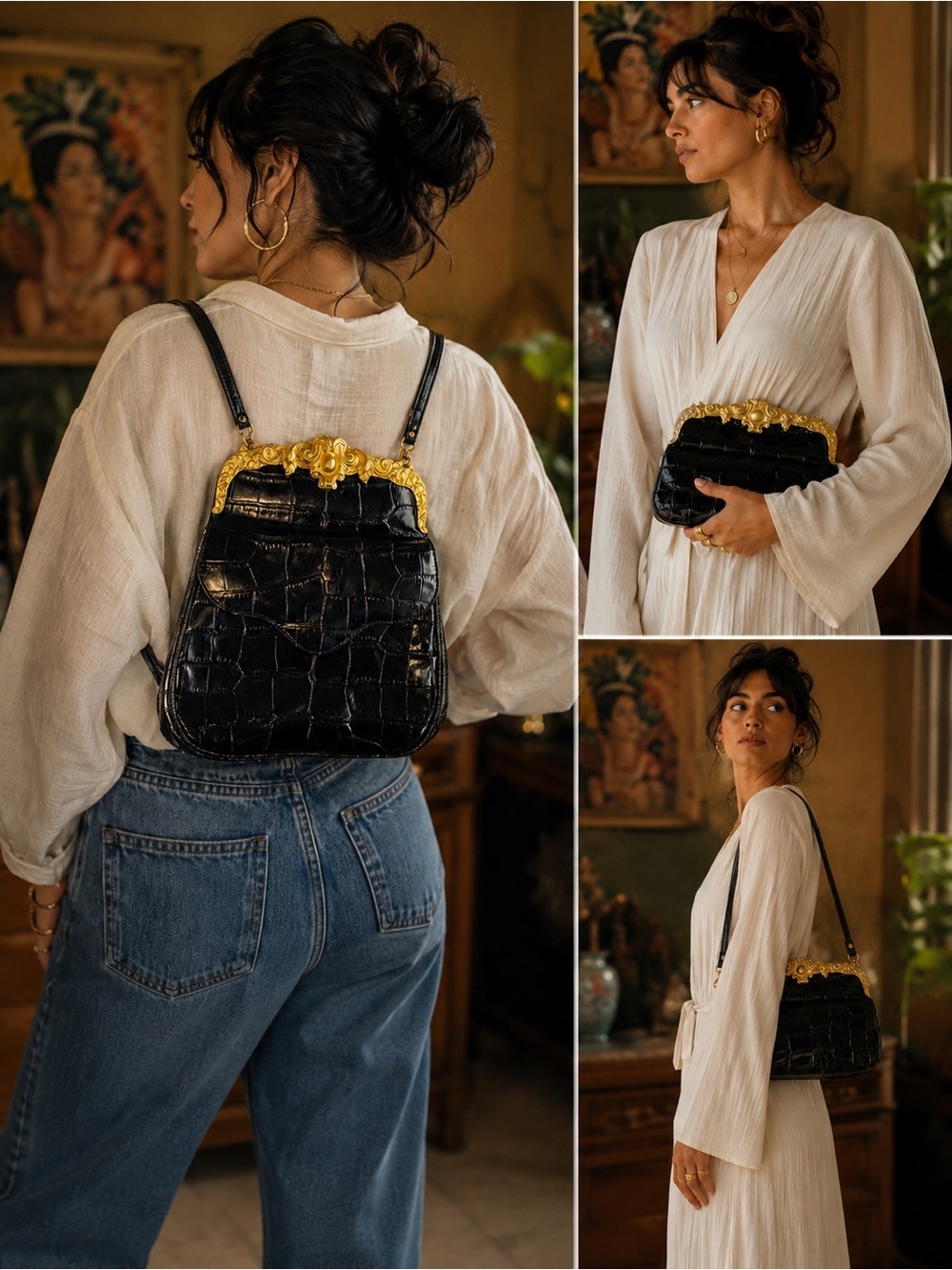Vintage Glen Miller for Ann Turk Black Croc Embossed Convertible Backpack Purse.
